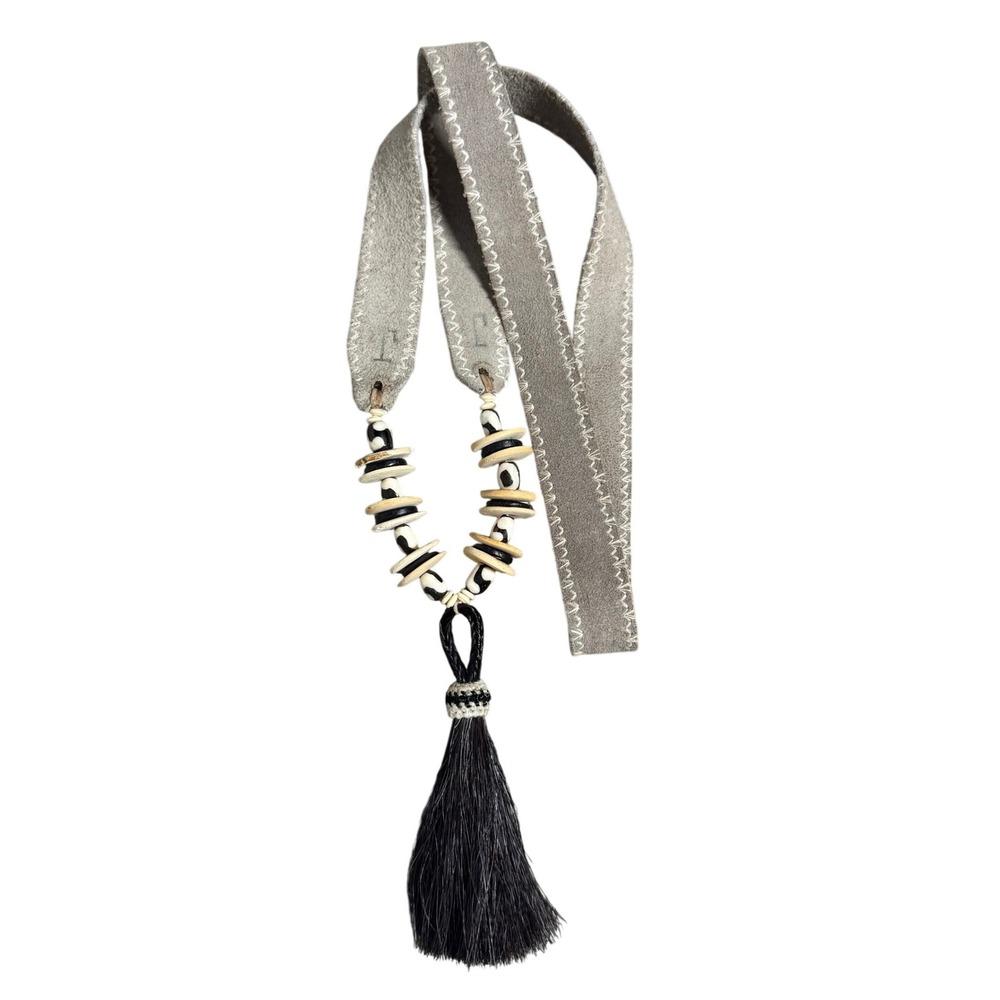 Twine & Twig Grey Suede Tassel Necklace Boho Beaded Statement Jewelry